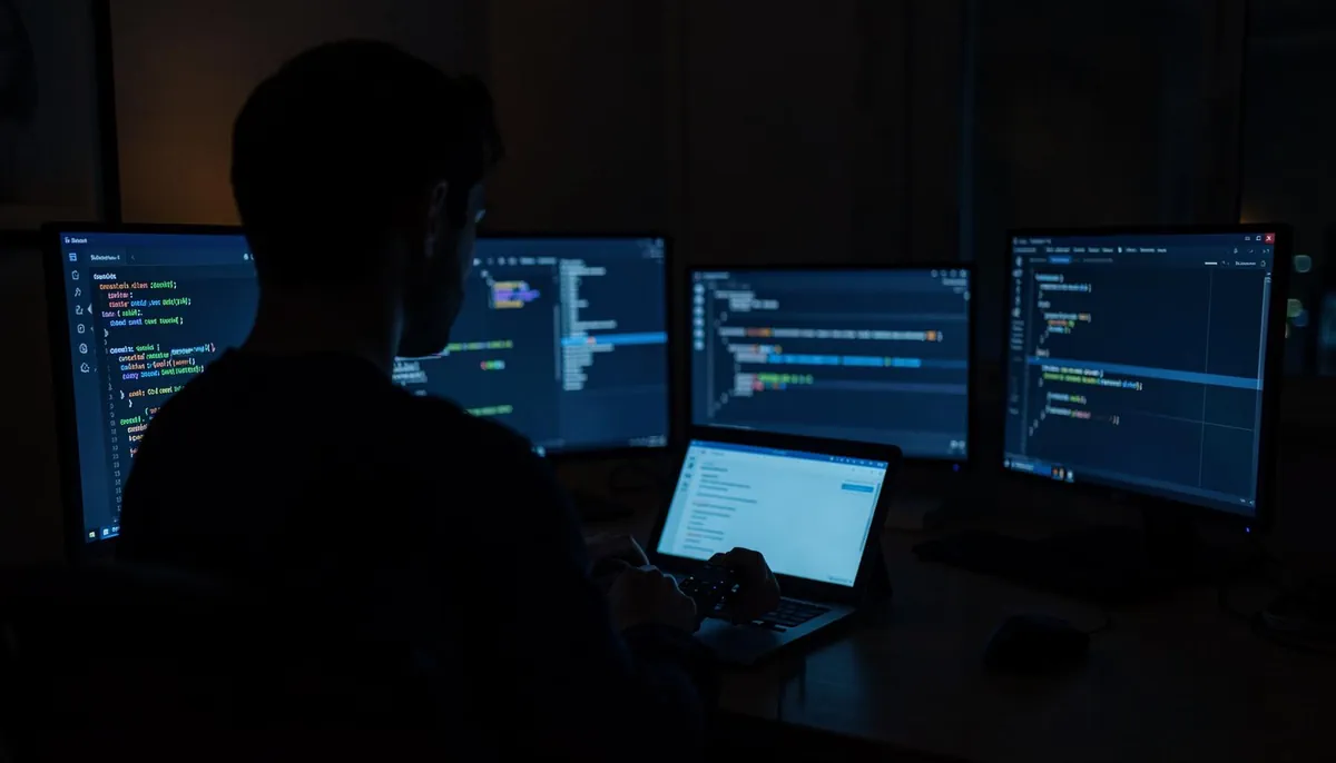 Remote security engineer working on AI-powered application security careers in a home office, monitoring secure software supply chain systems