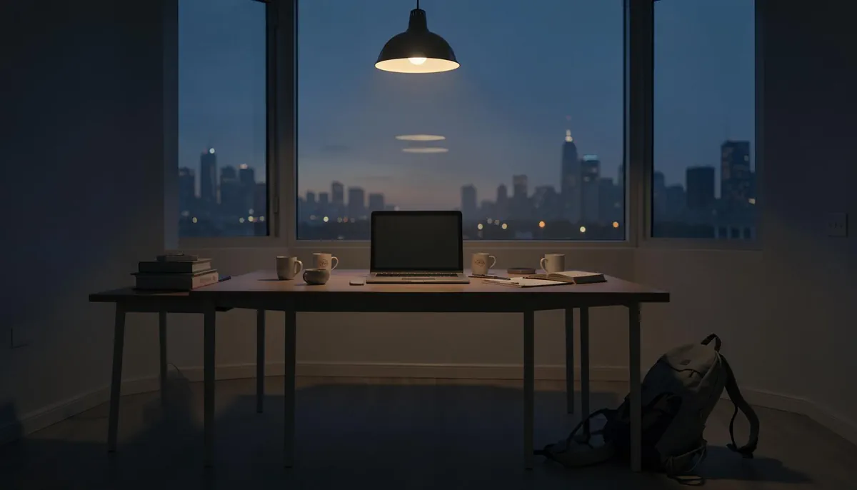 Home office scene reflecting the tech hiring slowdown, showing quiet uncertainty for remote developers in 2026.