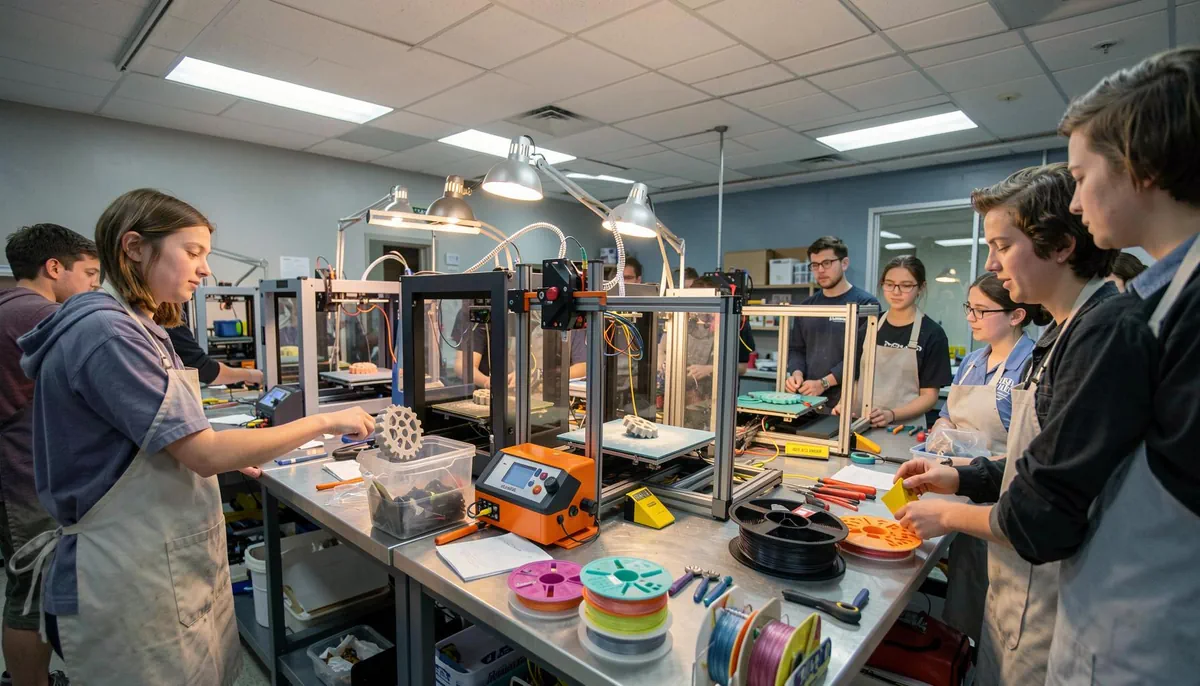 Students engage in hands-on tech learning with 3D printing in a modern school makerspace, supporting STEM education and career pathways.