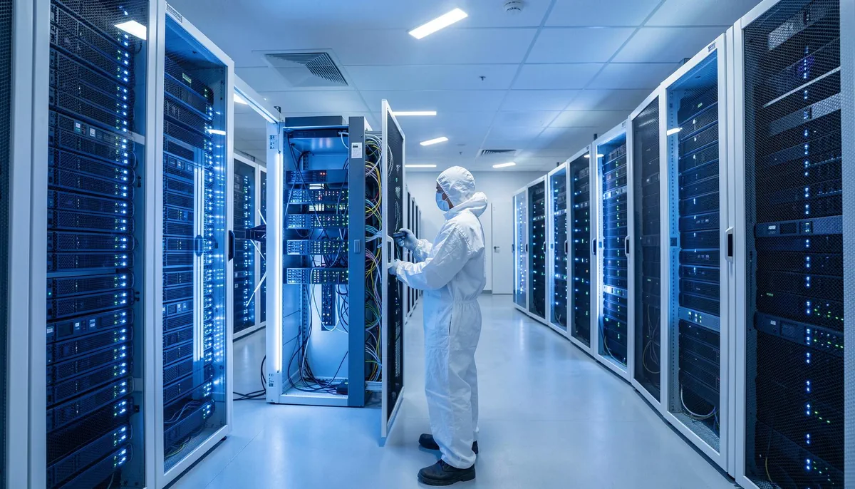 Data center with server racks and a technician working, representing AI agent infrastructure jobs in scalable browser cloud environments