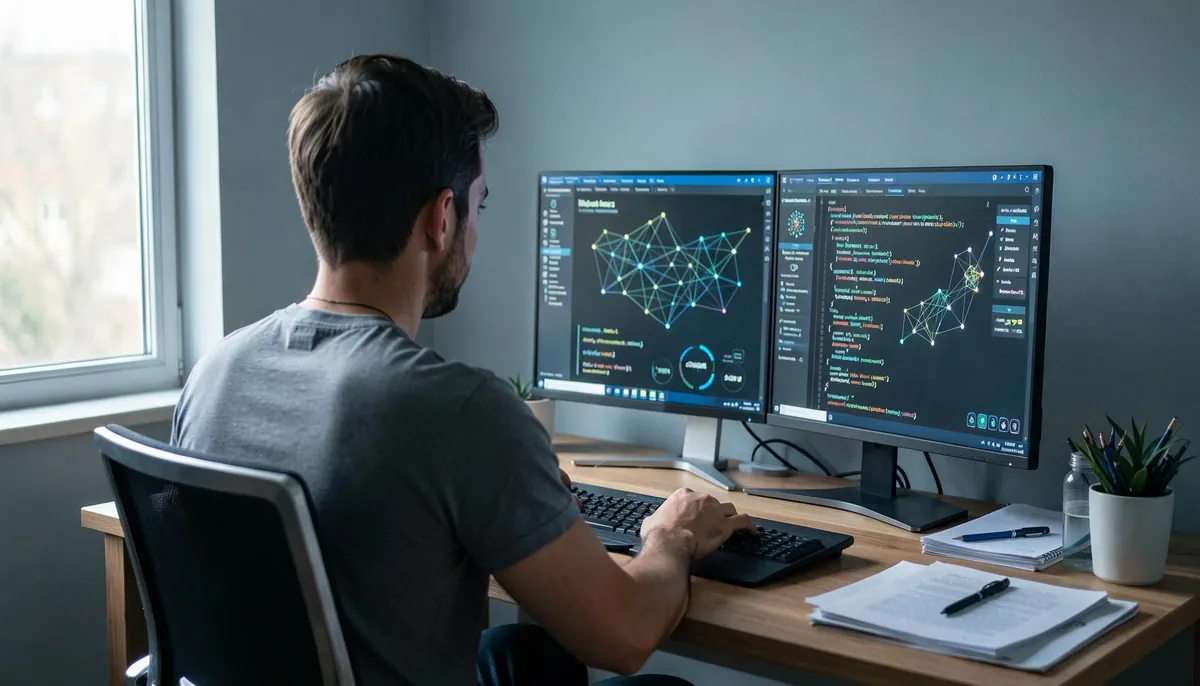 Remote learner developing skills for AI and ML careers at a home workstation with dual screens showing data models and code.