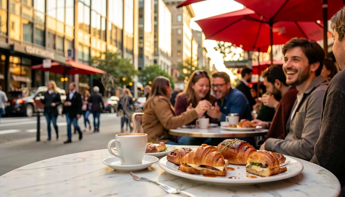 Outdoor café in San Francisco with patrons dining, illustrating leisure and hospitality job growth amid AI-driven tech sector changes.