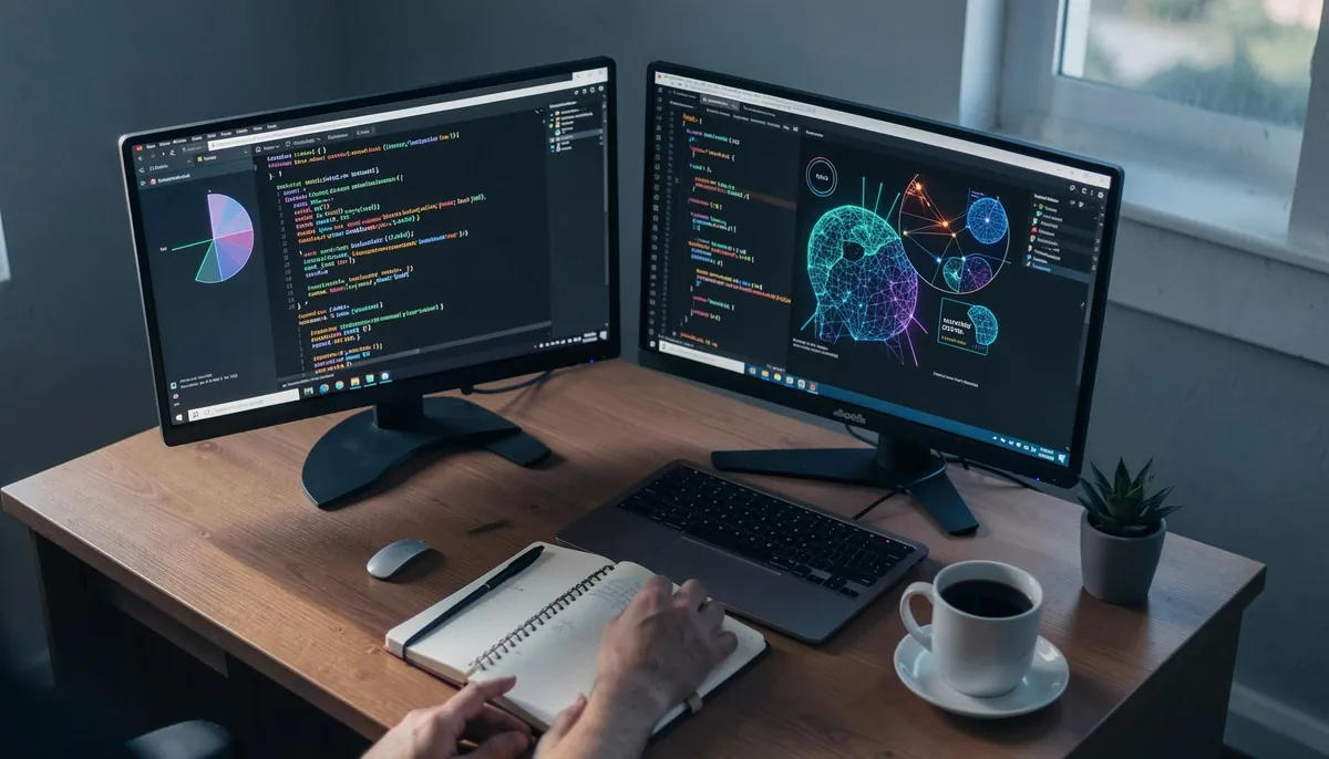 Remote AI job opportunity setup for mid-level tech professionals transitioning to AI roles in 2026, showing a focused home workspace.