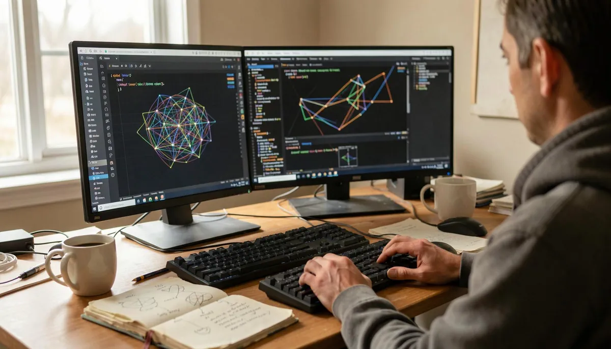 Home office setup representing AI career progression with dual monitors, code, and notes symbolizing growth in deep learning engineer salary by experience.