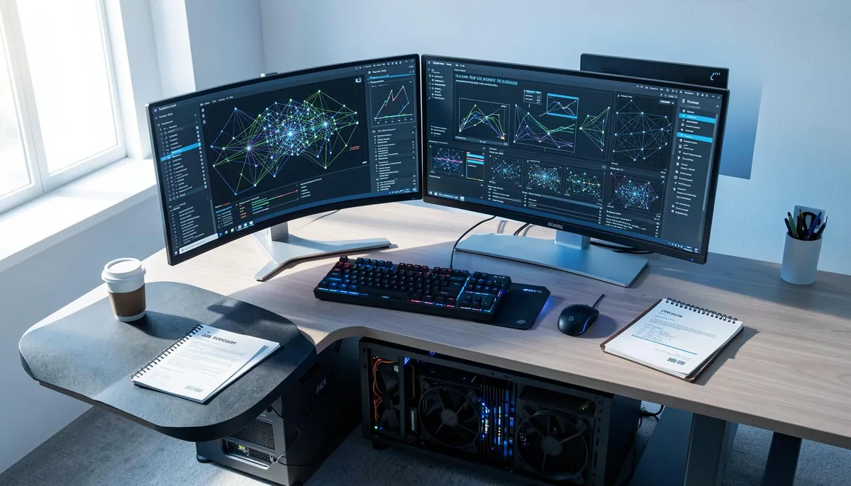 Engineer's workstation with GPU server and AI visualization screens, representing AI compute compensation in tech jobs