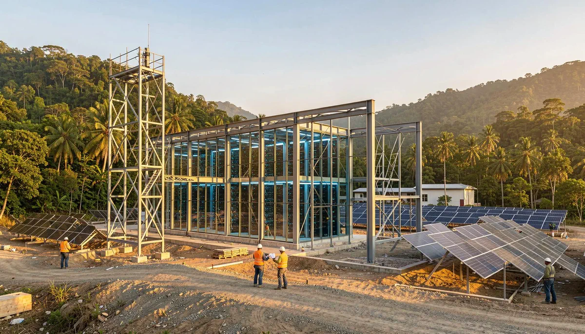 Construction site of an AI data center in Southeast Asia with solar panels and green hills, reflecting growth in AI data center careers.