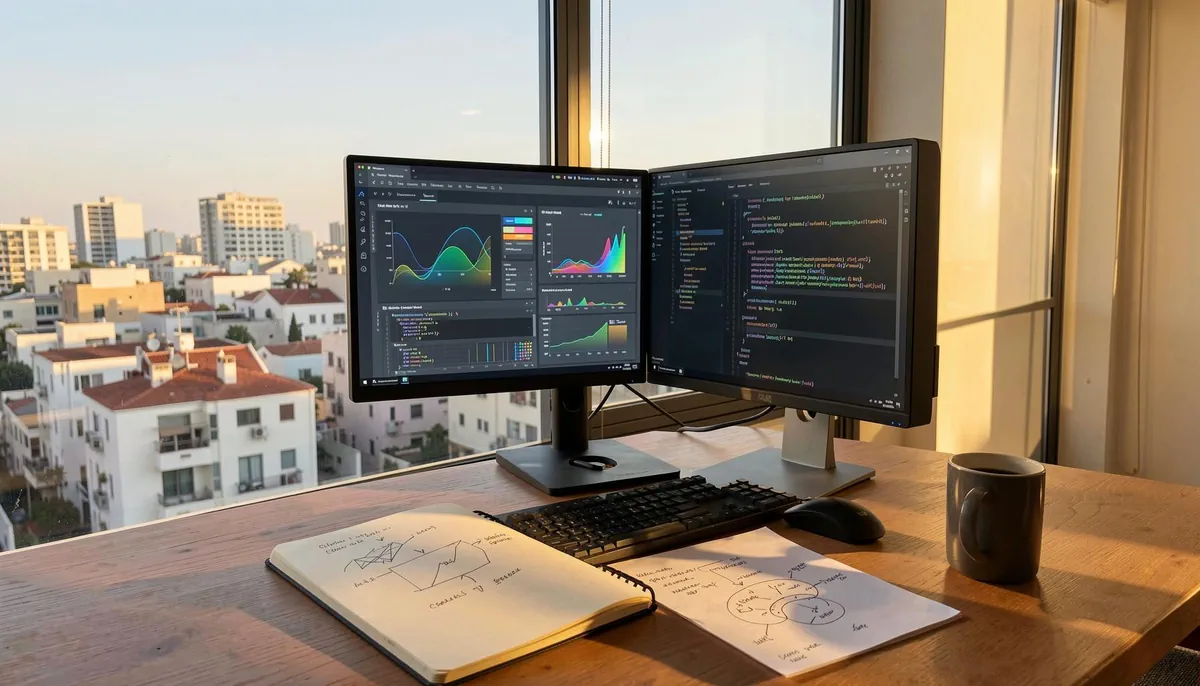 Home workspace in Israel with dual monitors showing AI and data analysis, reflecting growing demand for remote tech careers Israel.