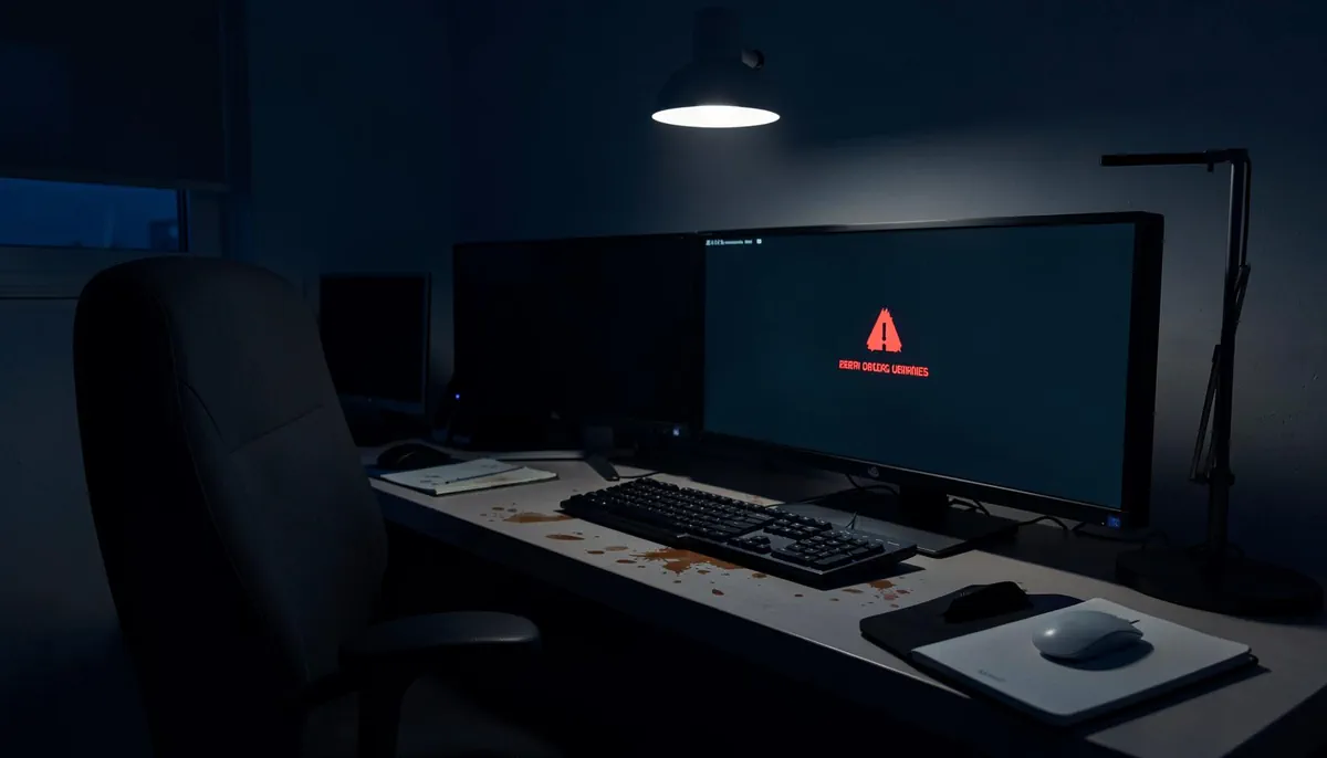 Darkened home office with inactive monitors illustrates the impact of AI dependency in remote tech work during outages.
