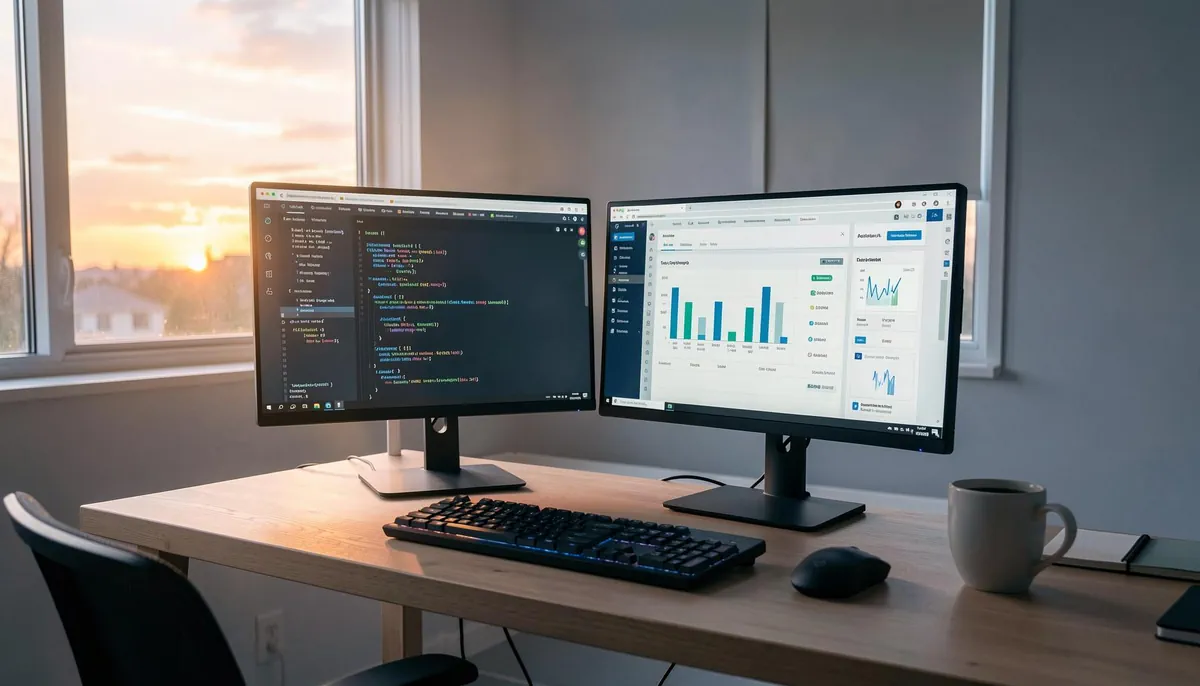 Home office workstation with dual monitors displaying code and compliance dashboards, representing remote AI-driven tax compliance jobs 2026.