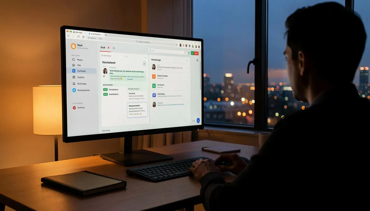 Home office setup showing AI-enhanced remote collaboration tools on a monitor, reflecting the future of remote work platforms in 2026.
