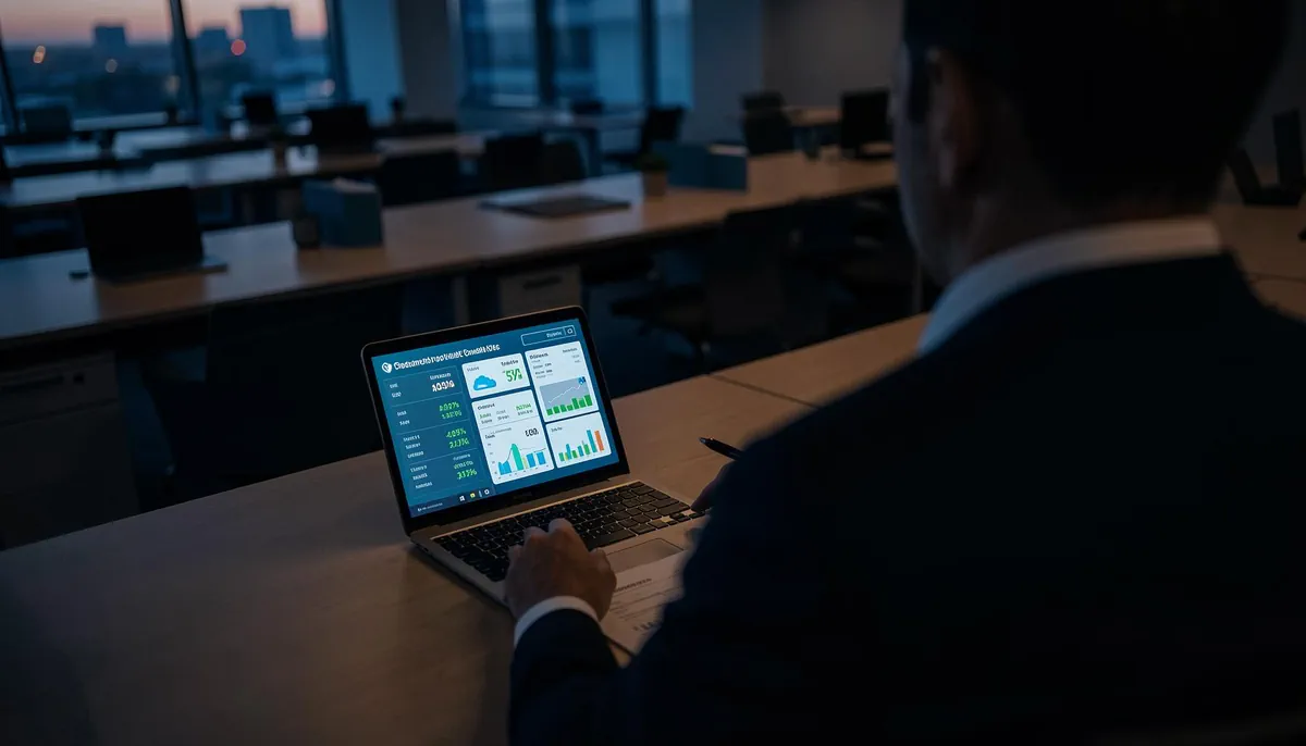 An executive reviews AI infrastructure spending on a laptop in a quiet office, highlighting the CFO's role in AI financial governance and cost oversight.