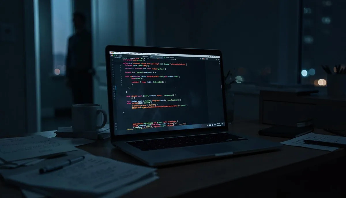 A dimly lit remote workspace with a glowing laptop showing corrupted data, symbolizing a cybersecurity breach in an AI hiring platform.