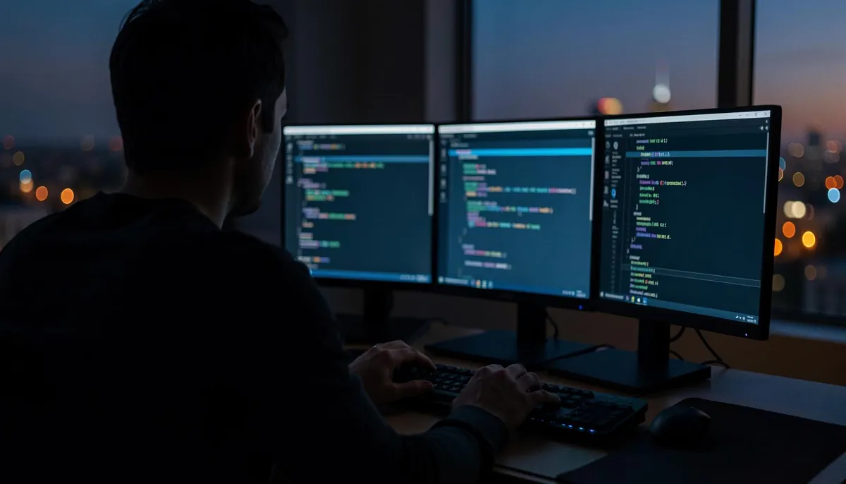 Developer working remotely at night, illustrating the shift in tech hiring toward assessing judgment in AI-driven coding environments.