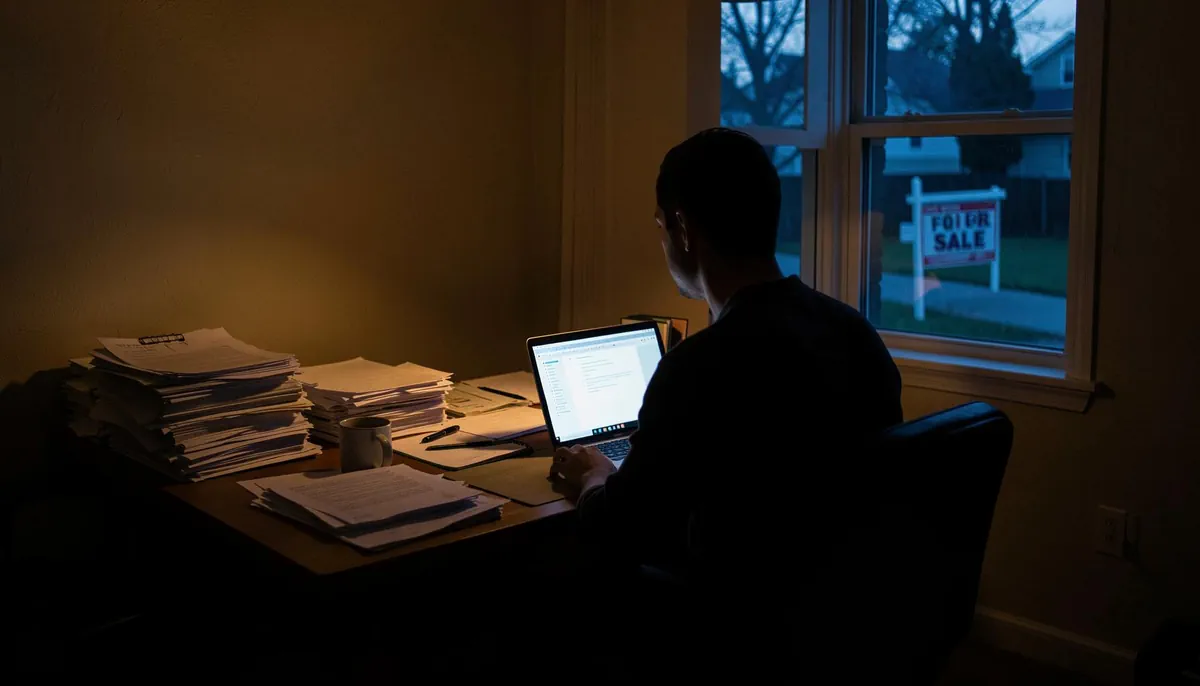 Remote worker facing economic uncertainty due to AI job displacement 2026 in a quiet suburban home office environment.