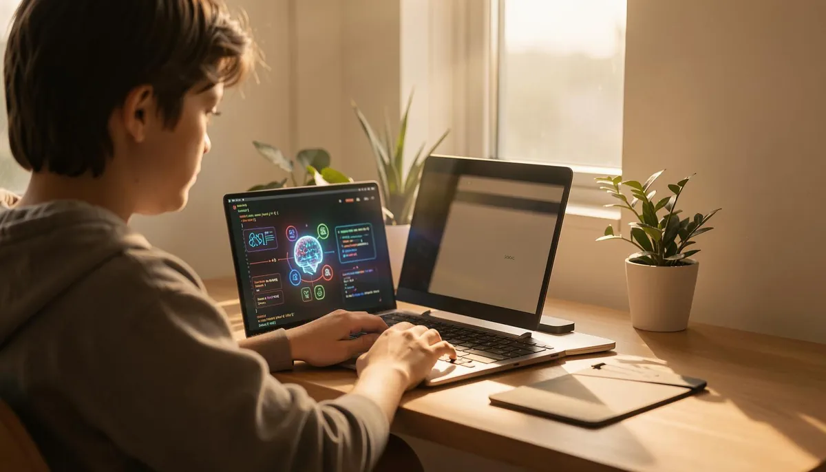 A Gen Z developer works remotely on an AI-powered coding project, showcasing the growing role of AI-native tech hires in modern engineering.