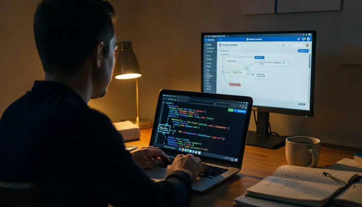 Developer using AI-powered developer tools in a home office, interacting with Cisco's DevNet Sandbox platform on dual monitors.