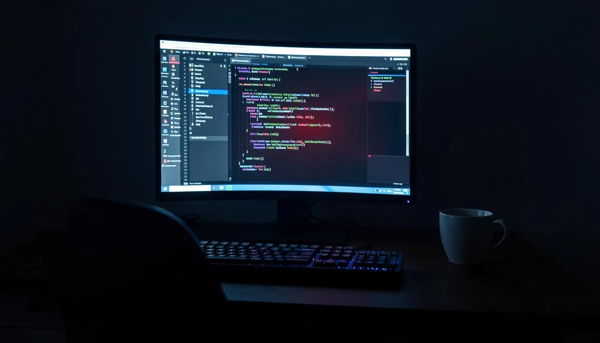 A remote developer's workstation under AI-powered endpoint protection, highlighting security for codebases in remote tech jobs.