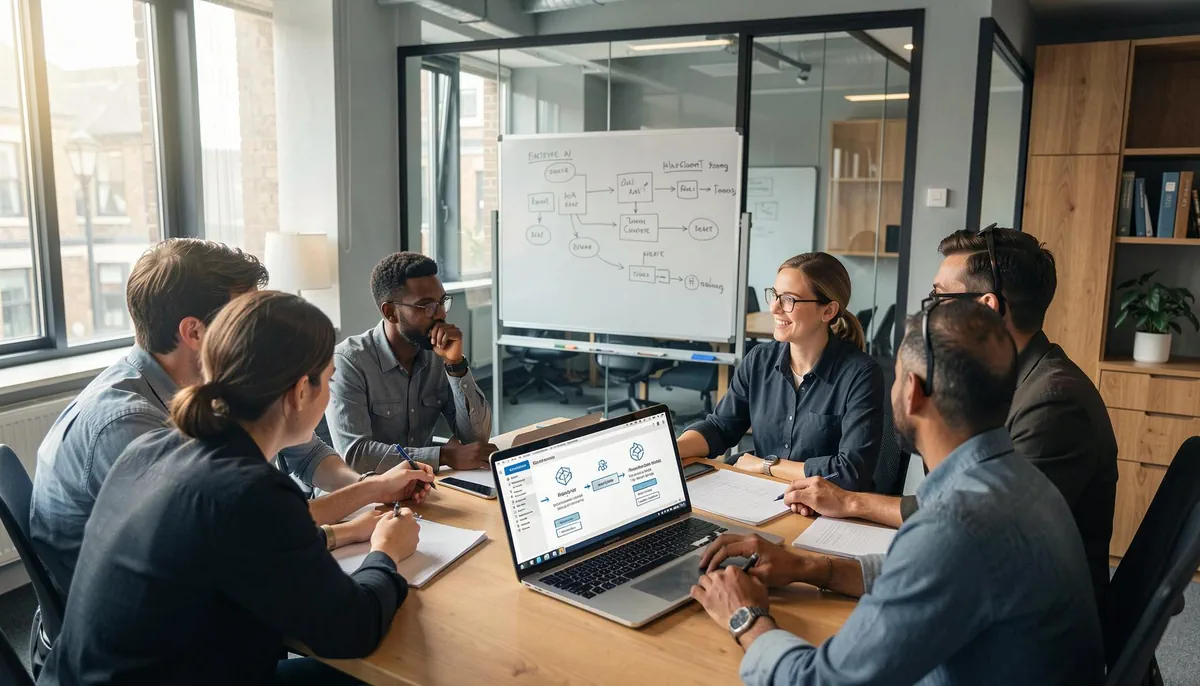 Collaborative team in a London tech office working on AI product strategy, reflecting the growing demand for AI product manager UK roles.