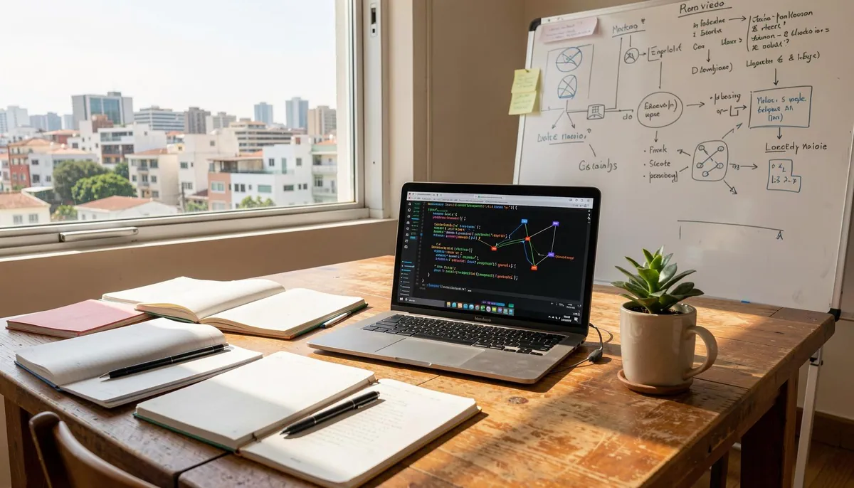 Workspace in Uruguay showing real AI project work with laptop related to AI project-based learning Uruguay, notes, and diagrams, illustrating hands-on AI project-based learning for career growth.