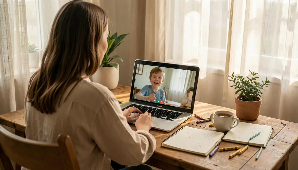Remote teaching session in a home office, showcasing an AI-proof career in education that thrives on human interaction and care.