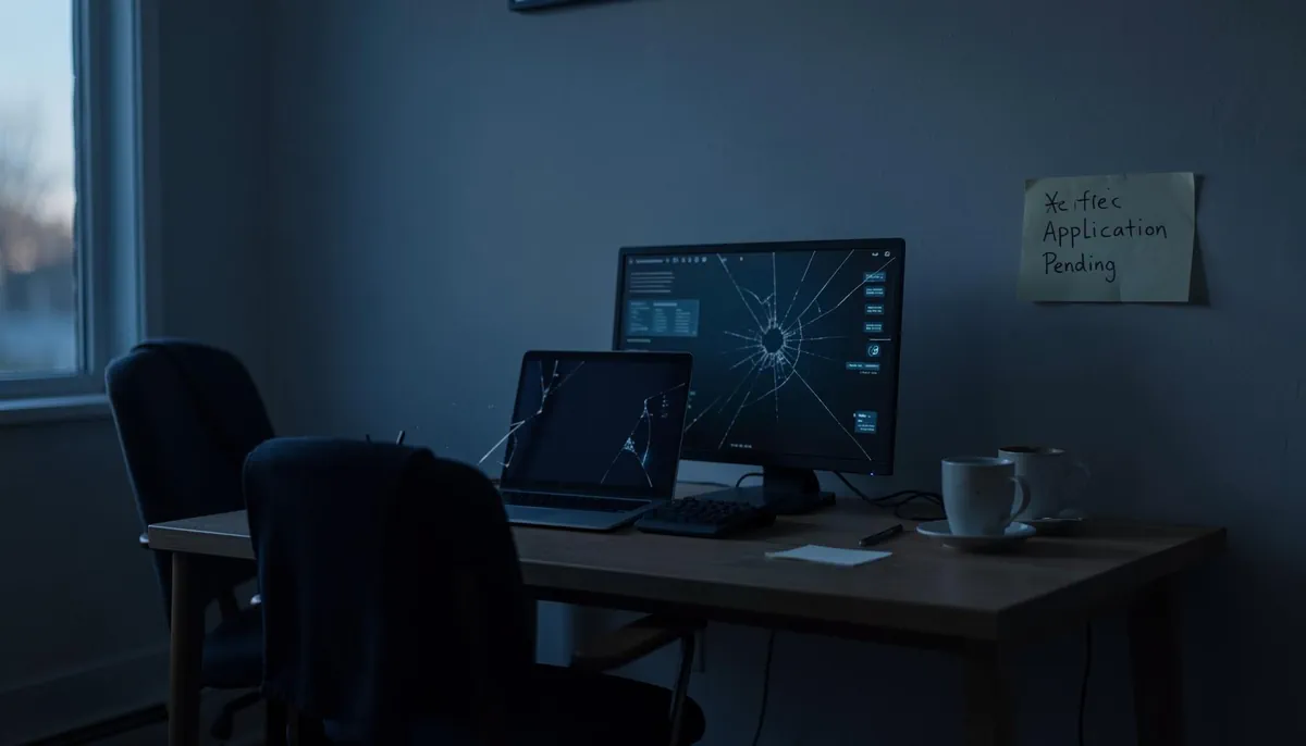 Abandoned home office setup showing the impact of AI replacing software engineers during the 2026 remote tech hiring collapse.