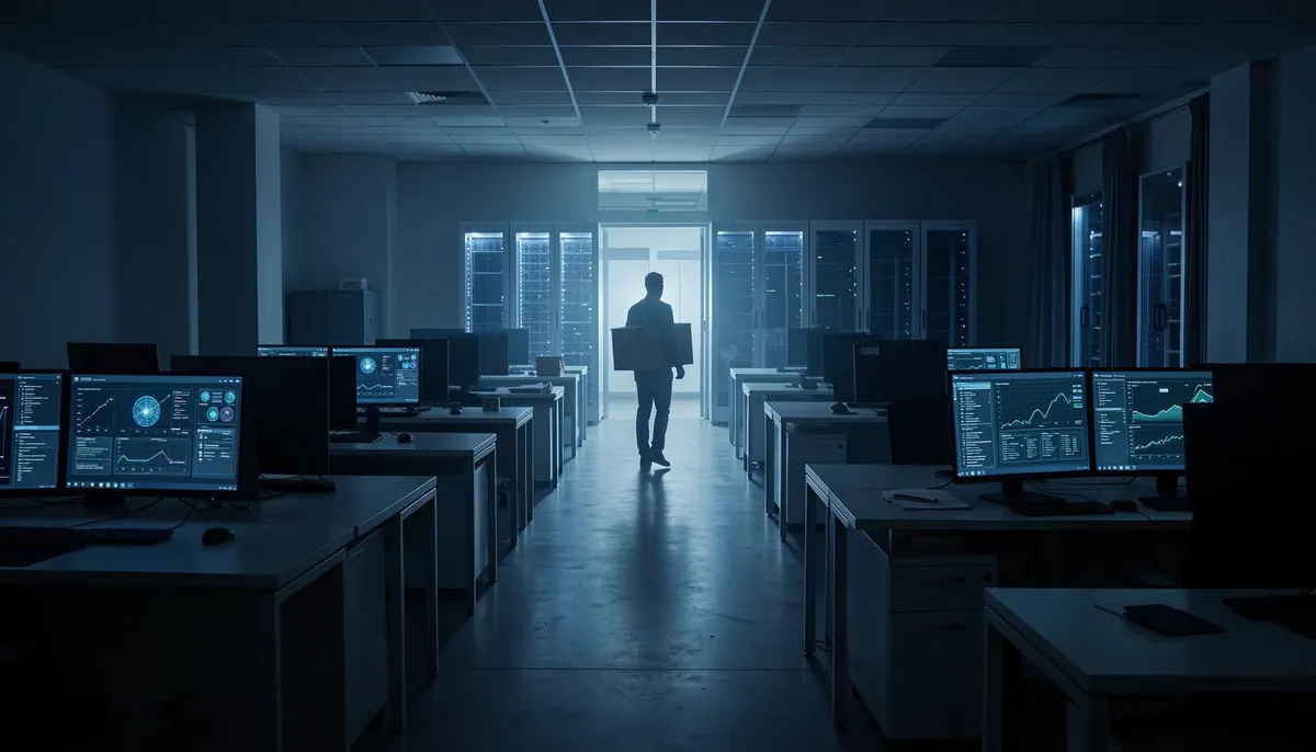 Empty office space with vacant desks and glowing monitors, symbolizing crypto company workforce reduction due to AI-driven tech layoffs in 2026.