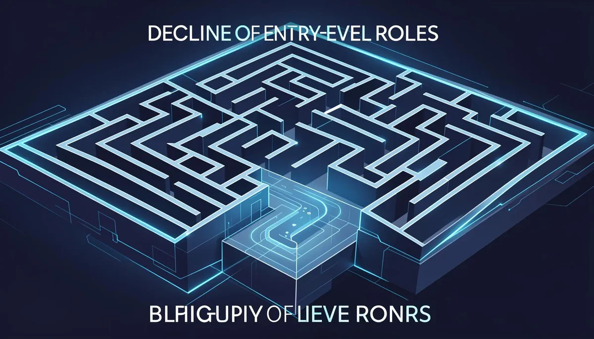Illustration of a shrinking maze, representing the decline of entry-level tech jobs and the impact of AI on hiring trends in the tech industry.