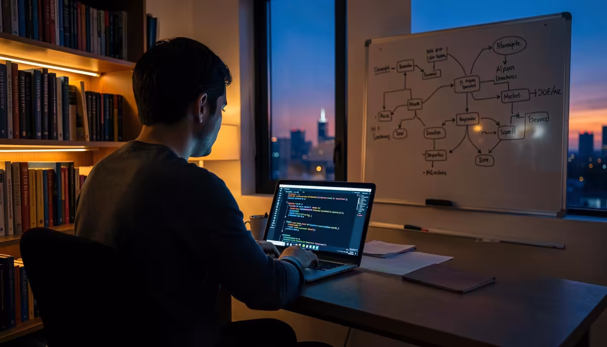 Developer working remotely at night, illustrating the evolution of AI-resilient engineering careers in a changing tech landscape.