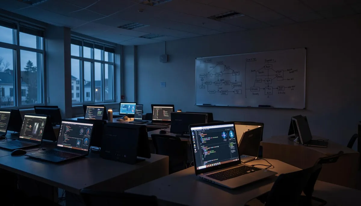 An empty computer lab with open laptops and AI-related diagrams, symbolizing the AI skills gap in Malaysia and the need for future-ready education.