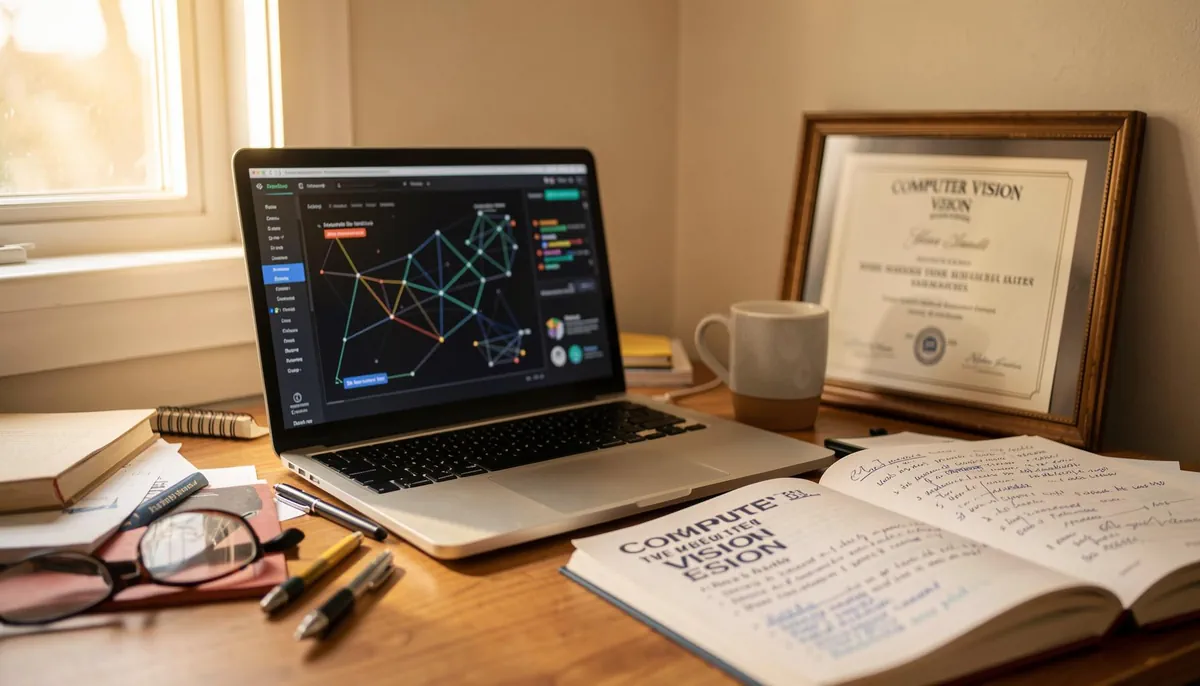 Study setup with laptop, textbooks, and notes illustrating the AI specialist degree requirements for a career in computer vision.