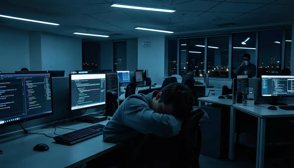 A quiet, late-night AI startup office depicting the intense AI startup work culture, showing employee fatigue under the 996 work schedule.