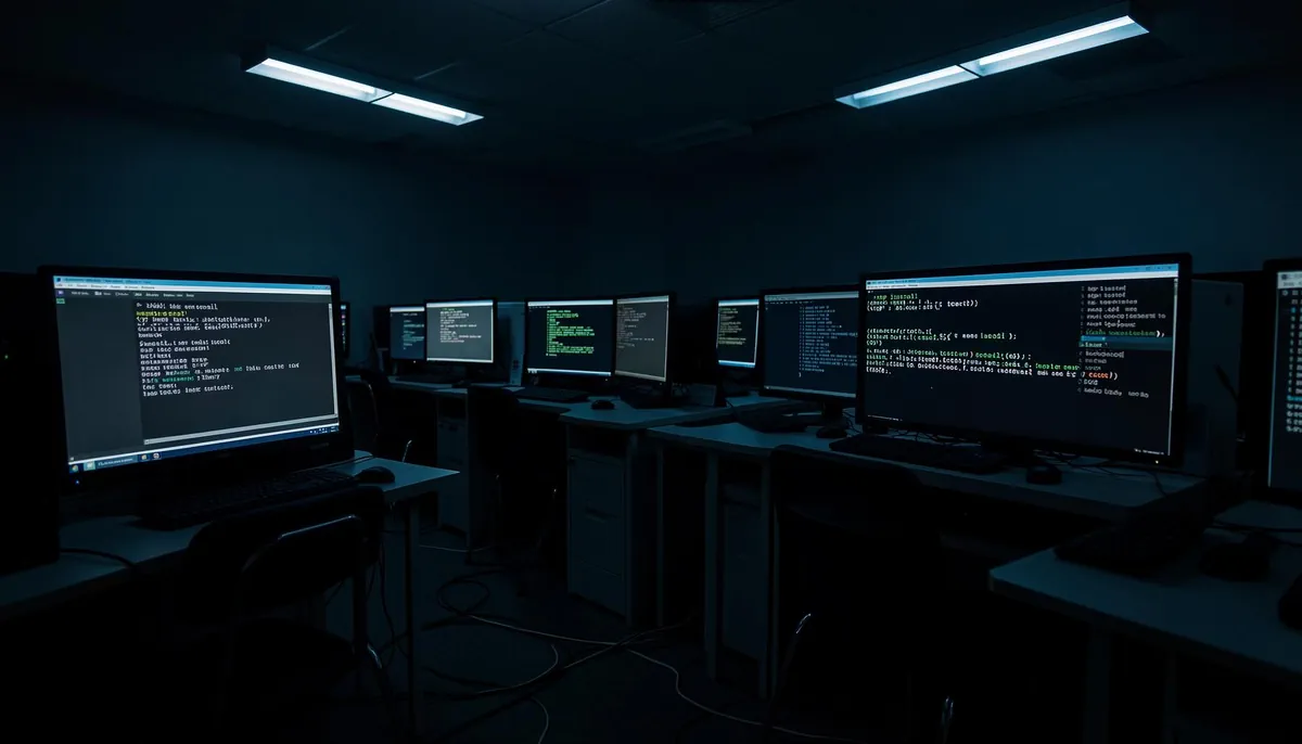 Empty developer workspace with glowing monitors, highlighting the risks of AI supply chain security through unnoticed npm package exploits.
