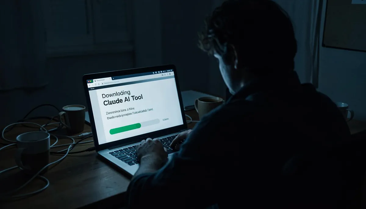 Home office scene showing a developer unknowingly downloading a fake AI coding tool, highlighting remote developer security risks in 2026.