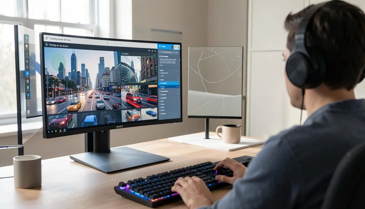 Remote developer working on synthetic data for Smart City AI applications, representing new AI training jobs in 2026 using vision datasets.
