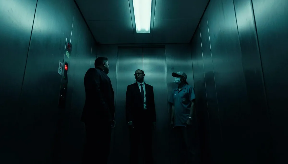 Three silhouetted figures in a malfunctioning elevator representing AI workplace ethics and corporate culture critique.