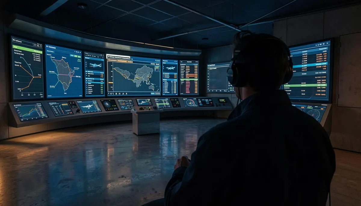 Control room during air cargo digital transformation, showing real-time systems monitoring by a technician in a high-tech logistics environment.