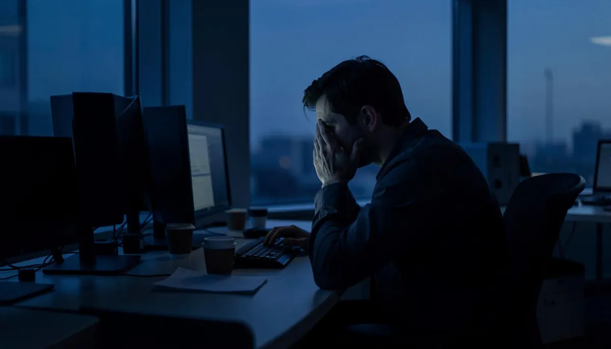 A software engineer sits alone in a quiet office at dusk, reflecting the emotional impact of AI on tech workers and growing job insecurity in 2026.