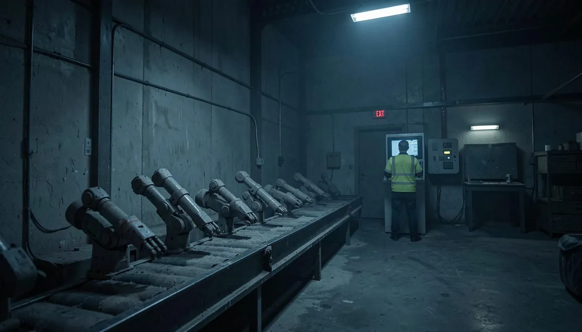 Deactivated robots in an Amazon warehouse highlight concerns about robotics career stability amid 2026 tech layoffs.