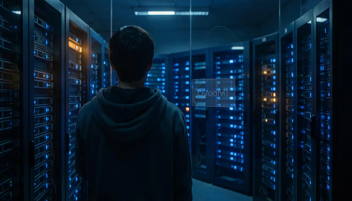 Server room with glowing racks and warning light, illustrating artifact repository security through a cooldown period.