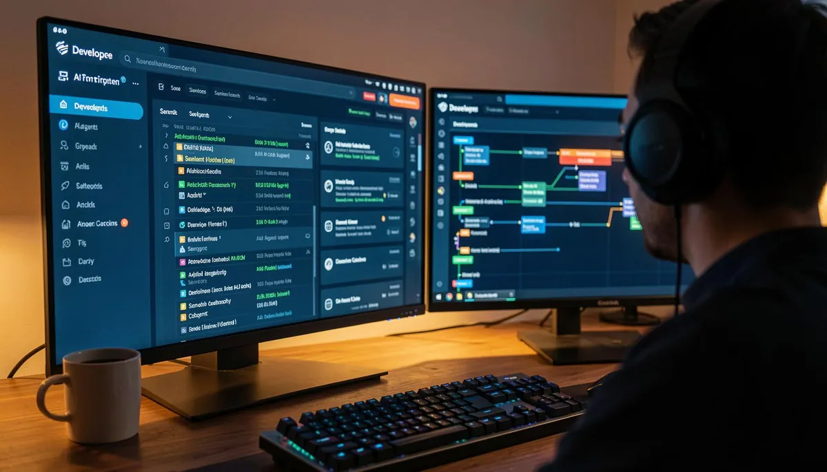 Developer monitoring AI agent fleet through a developer portal, illustrating the future of remote platform engineering jobs in 2026.