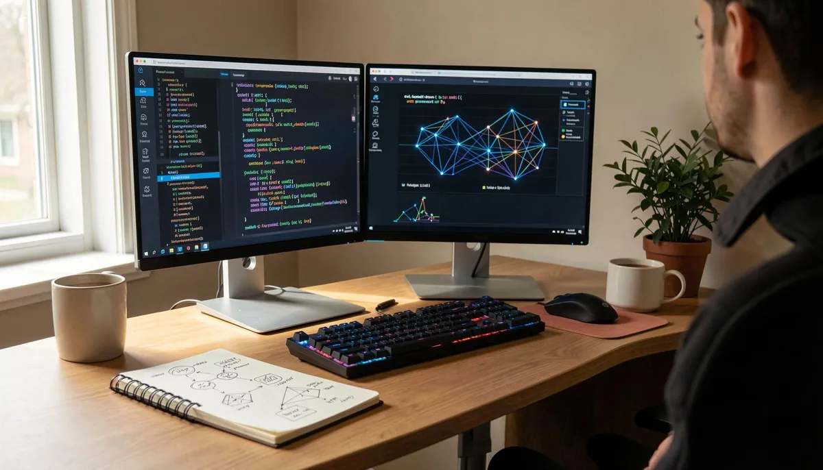 Workspace setup for an AI developer, showing dual monitors with code and neural networks, symbolizing the AI developer career path.