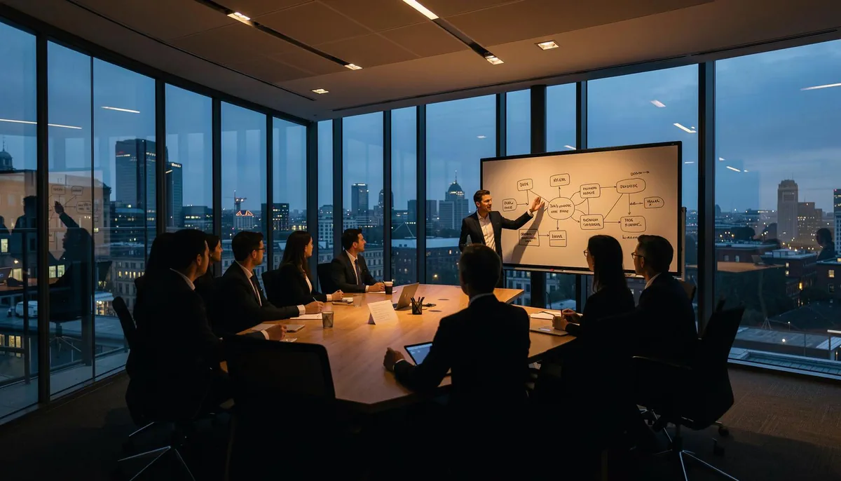 Silhouetted meeting in a tech office where former politicians advise on AI governance, illustrating Big Tech hiring former politicians.