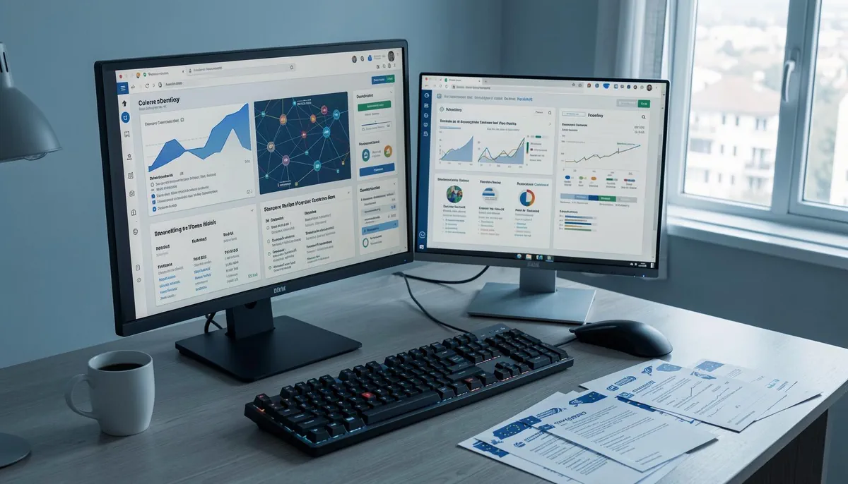 Workspace setup for remote blockchain jobs in Europe, showing dual monitors and regulatory documents under natural lighting.