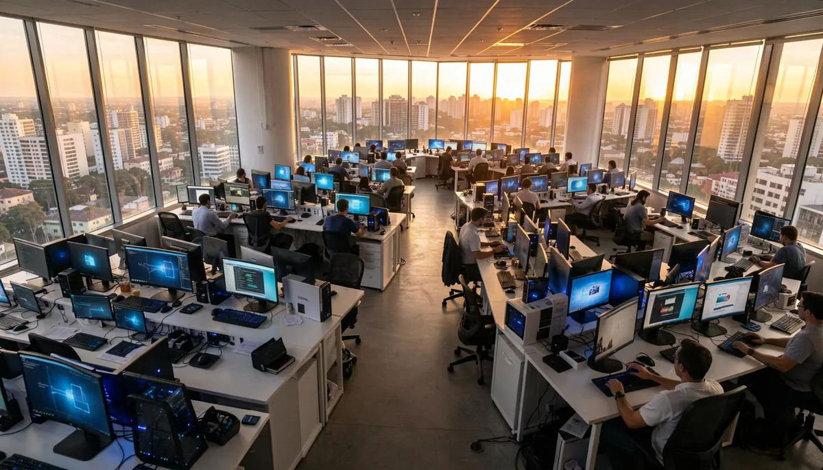 Tech professionals working in a modern São Paulo office, illustrating nearshore AI careers and Latin America tech jobs.