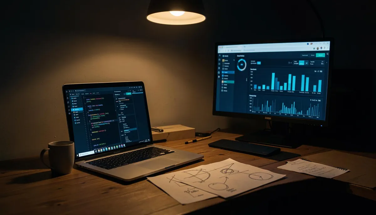 Engineer working on a side project while employed, representing the build startup while employed journey during personal time.