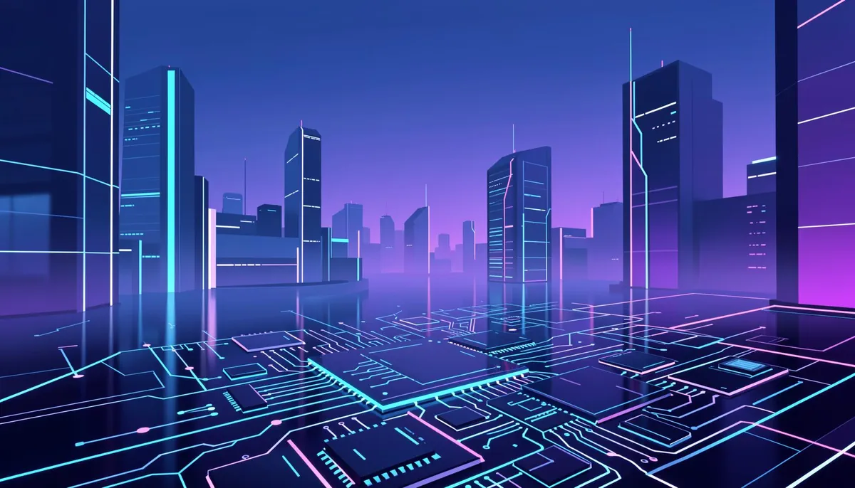 Abstract cityscape with glowing circuit boards, representing AI innovation and tech hiring trends in the US
