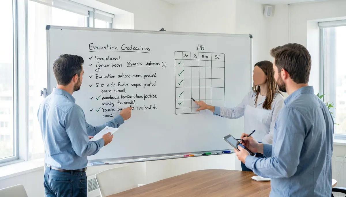 Hiring managers reviewing candidate scorecards on a whiteboard in a modern office