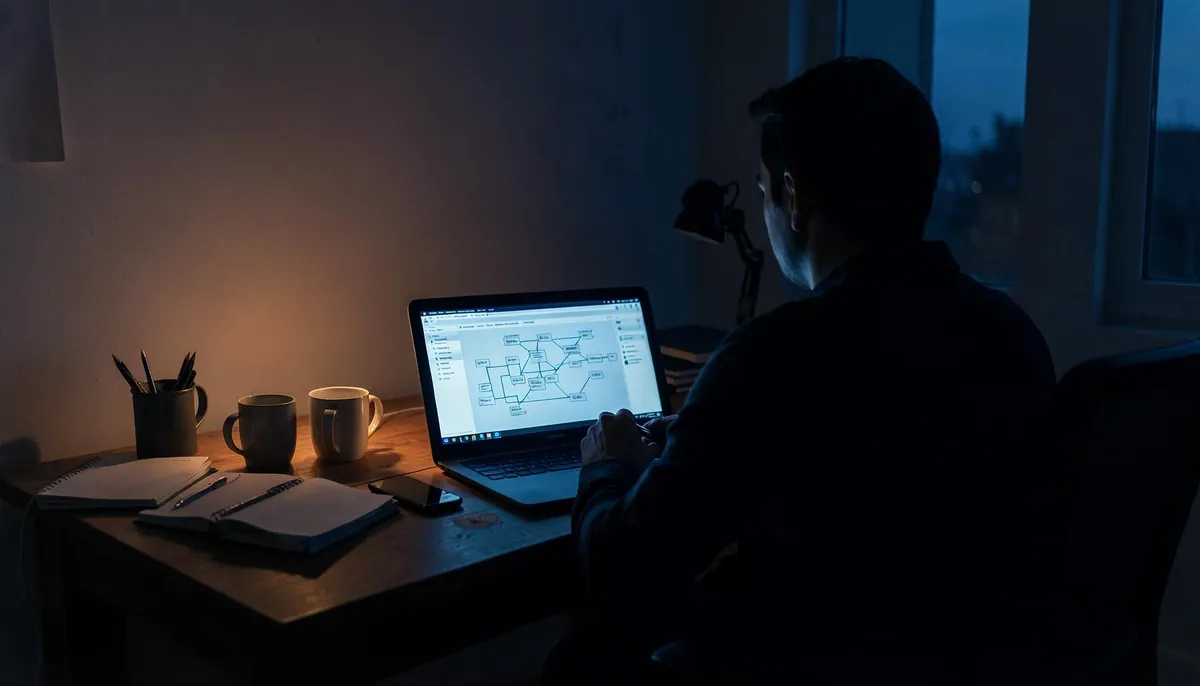 Remote developer working late to advance a tech career, symbolizing innovation and persistence in a digital workspace for tech career advancement