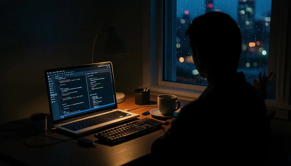 A remote developer working at night, highlighting risks to CI/CD pipeline security from compromised environments and stolen credentials.