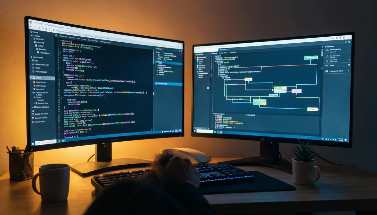 Remote DevOps engineer working at home desk with dual monitors showing CI/CD pipeline status diagrams, representing remote DevOps jobs.